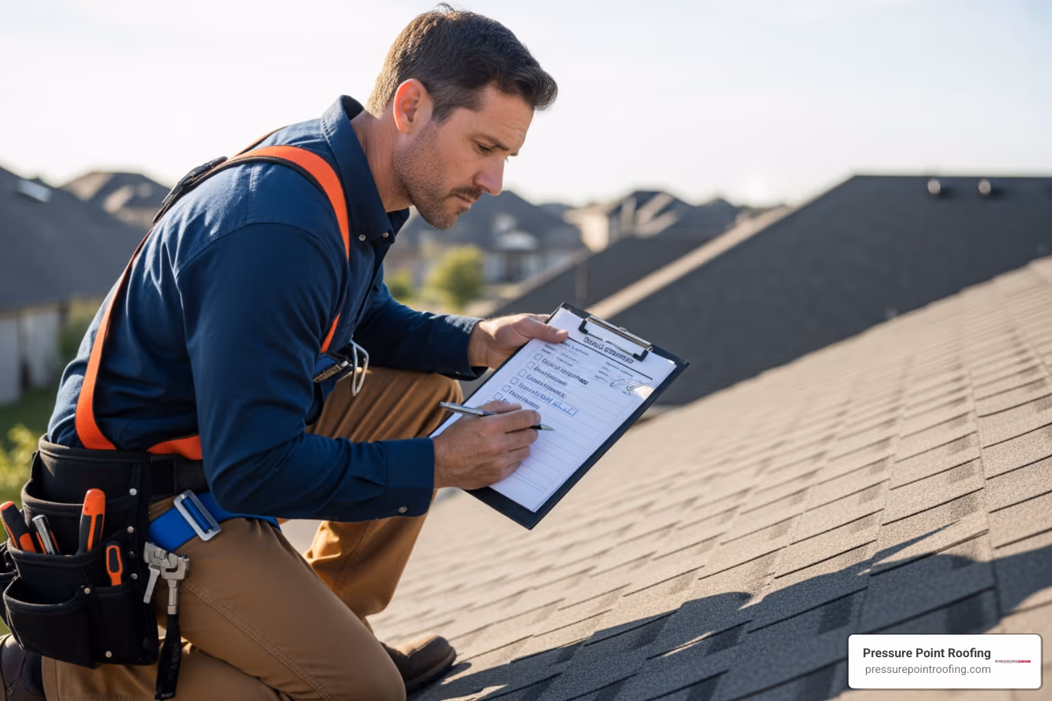 A roofer performing a routine roof inspection with a checklist - emergency roofing repair in jacksonville or