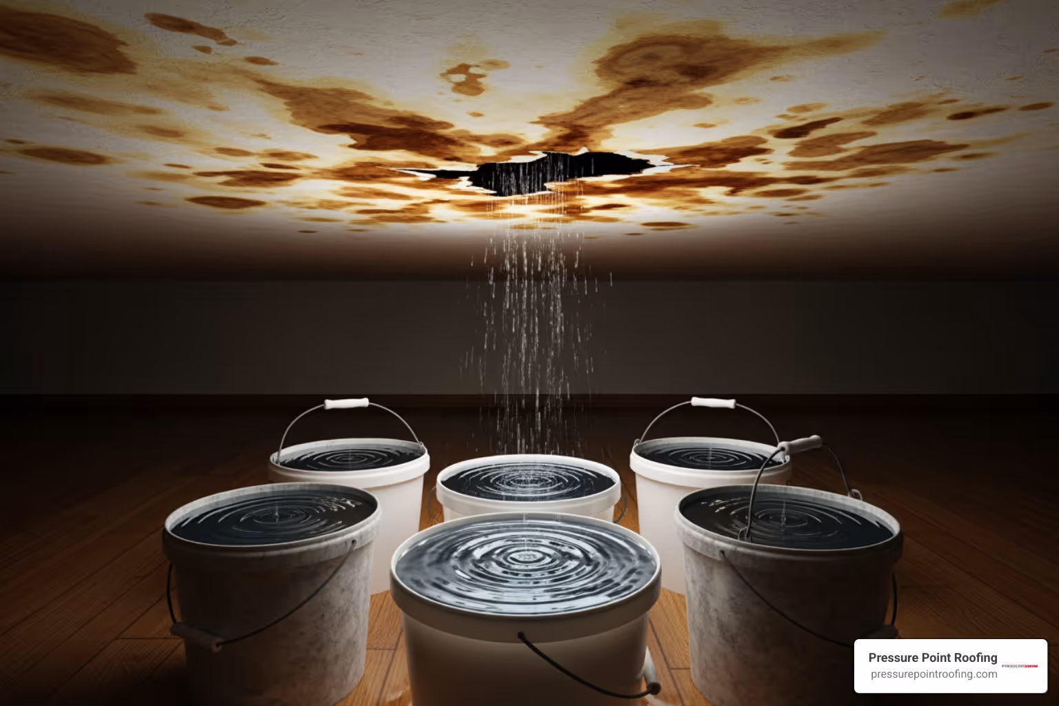 Buckets collecting water from a ceiling leak inside a home - emergency roofing repair in jacksonville or