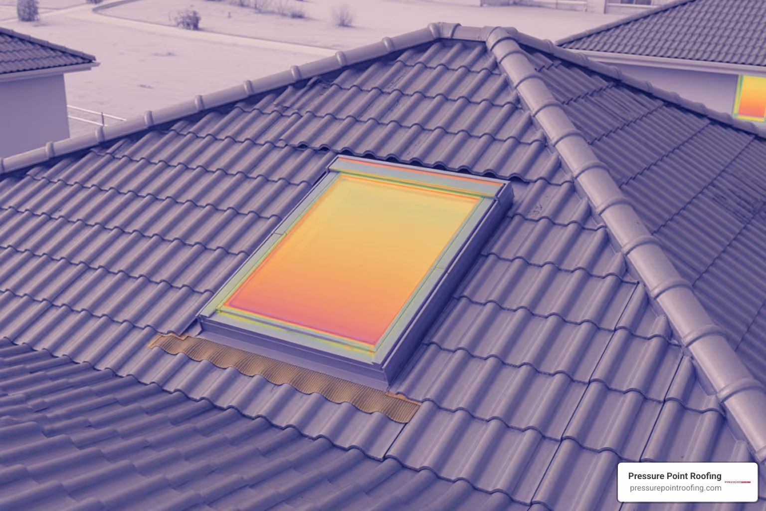 A thermal camera view showing an energy-efficient skylight, highlighting minimal heat loss or gain compared to surrounding roof areas. - affordable skylight installation in central point or