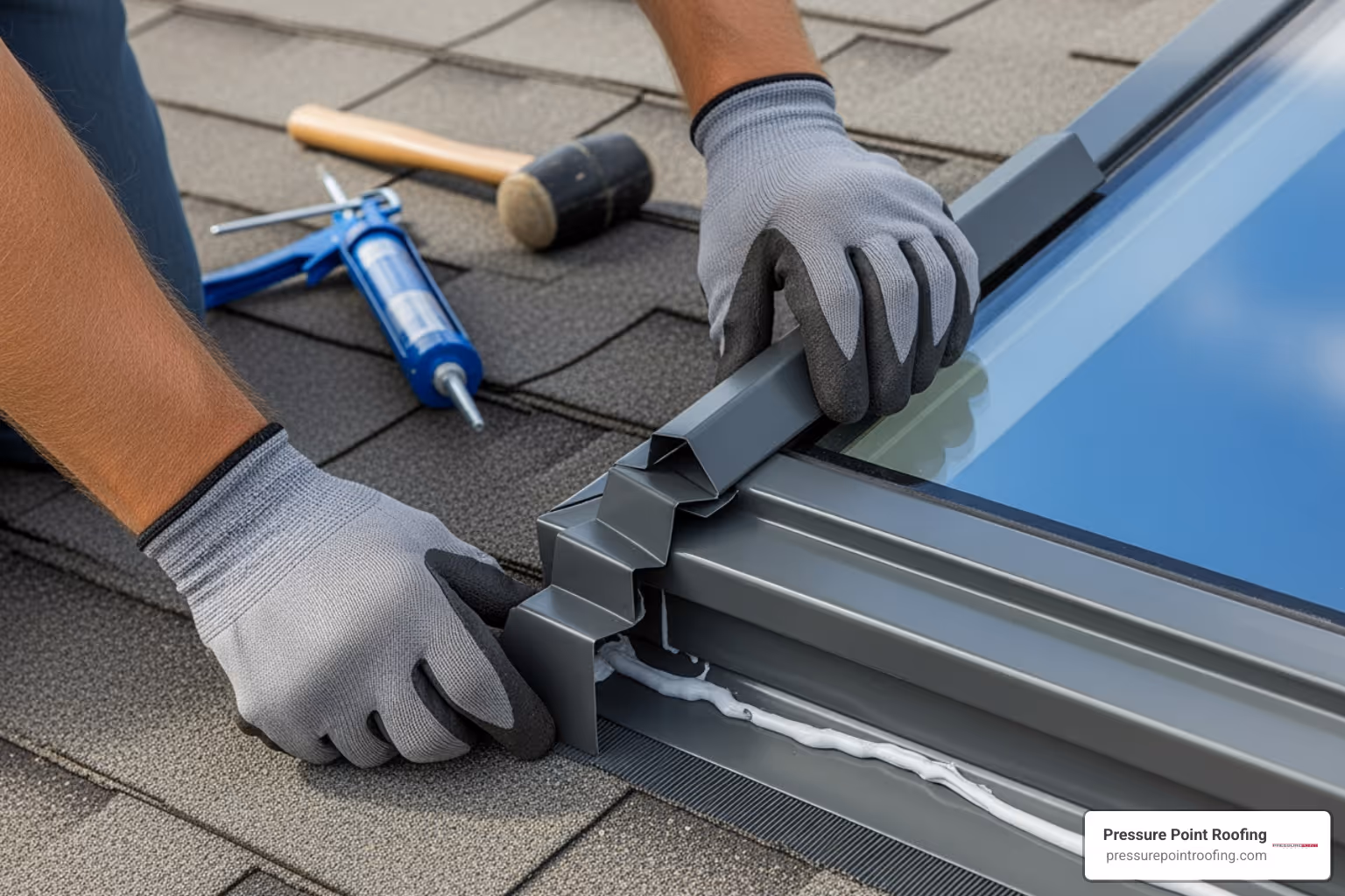 A professional roofer carefully installing flashing around a skylight, ensuring a watertight seal against the roof. - affordable skylight installation in central point or
