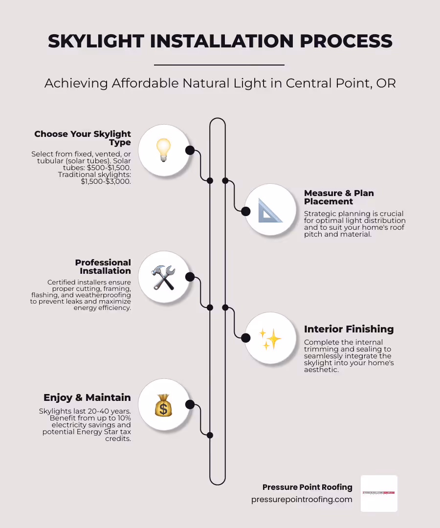 Infographic showing the complete skylight installation process: choosing skylight type (fixed, vented, or tubular), measuring and planning placement, professional installation including flashing and sealing, interior finishing, and long-term maintenance schedule with cost comparison between solar tubes and traditional skylights - affordable skylight installation in central point or infographic infographic-line-5-steps-elegant_beige