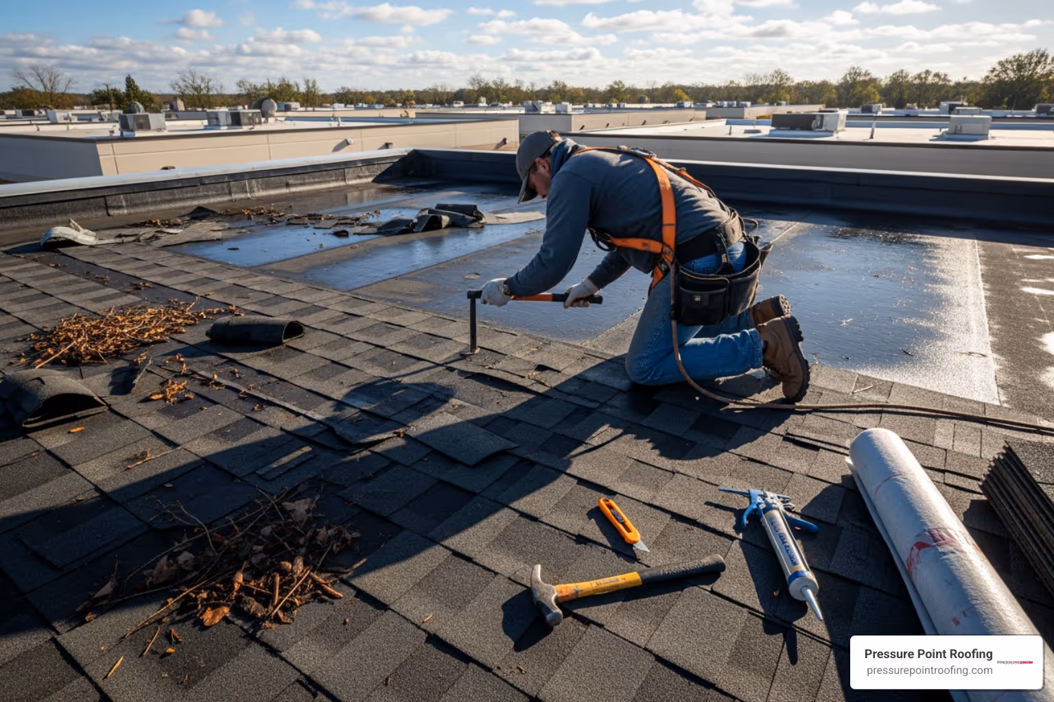 a roofer repairing storm damage on a flat roof - commercial roof maintenance company in gold hill, or