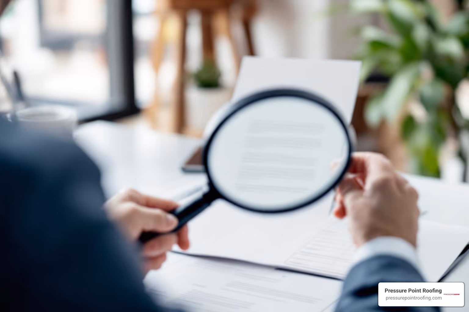 person reading document with magnifying glass - commercial roofing estimates in eagle point, or