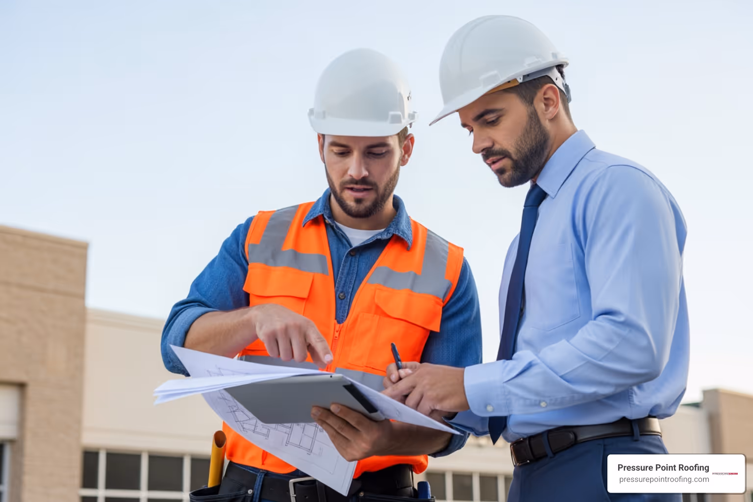 contractor and business owner discussing plans on-site - commercial roofing estimates in eagle point, or