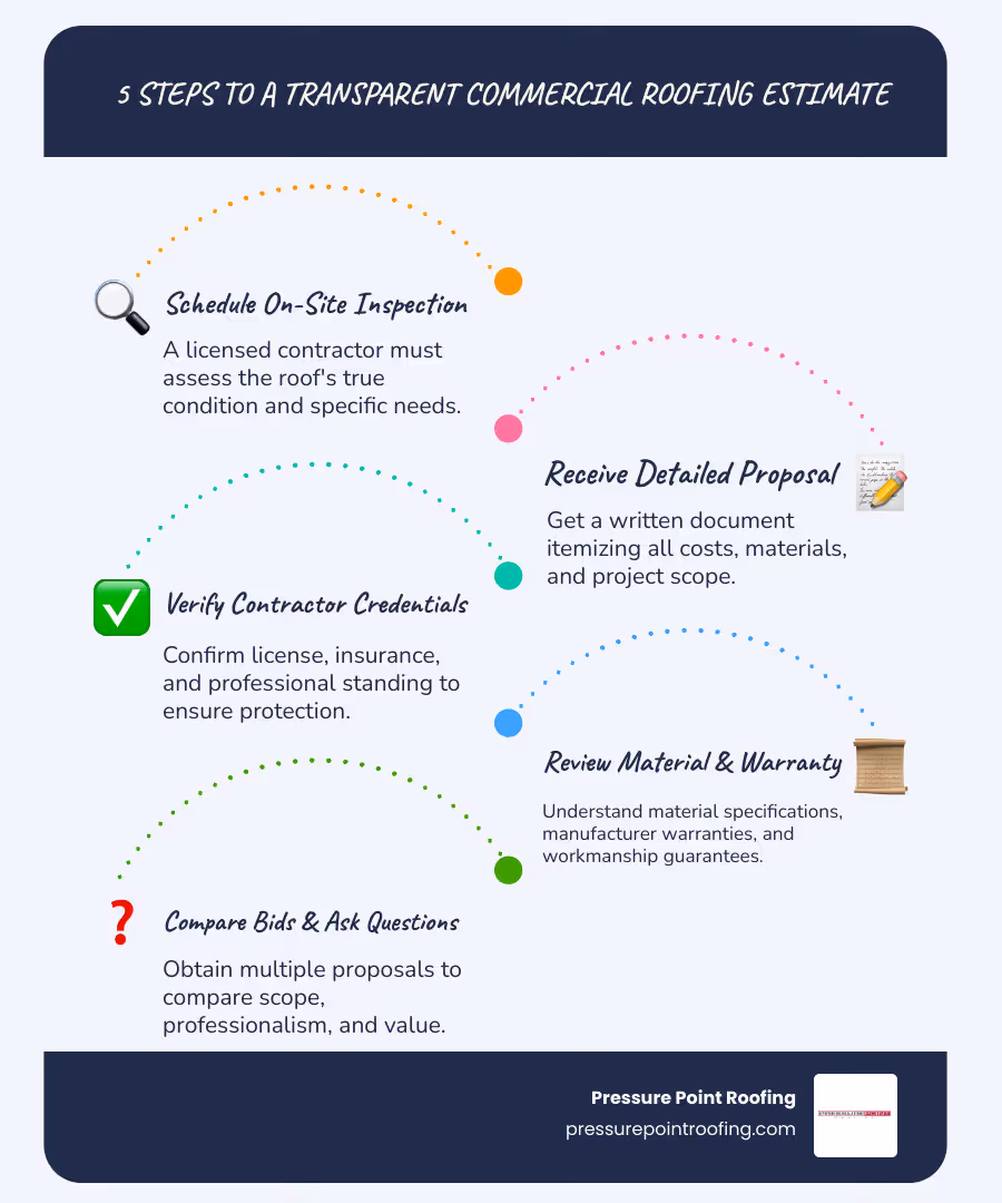 Infographic showing 5 key steps to a transparent commercial roofing estimate: 1. Schedule on-site inspection with licensed contractor, 2. Receive detailed written proposal with itemized costs, 3. Verify contractor credentials and insurance, 4. Review material specs and warranty coverage, 5. Compare multiple bids and ask questions - commercial roofing estimates in eagle point, or infographic infographic-line-5-steps-blues-accent_colors
