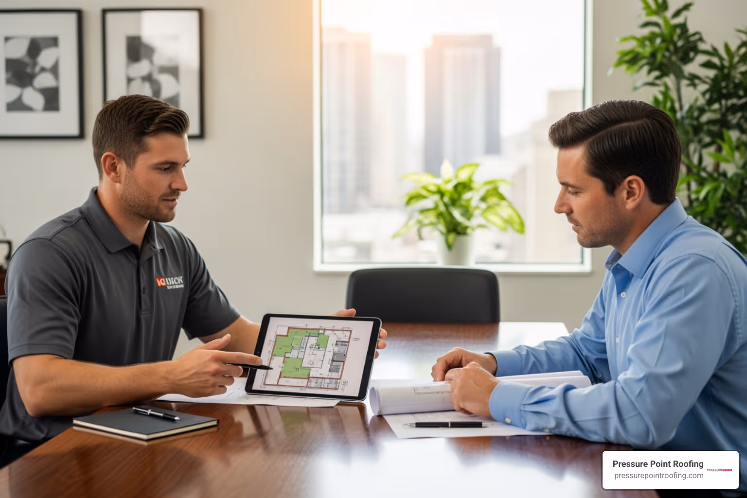 professional roofing team meeting with a client - commercial roof coating contractors