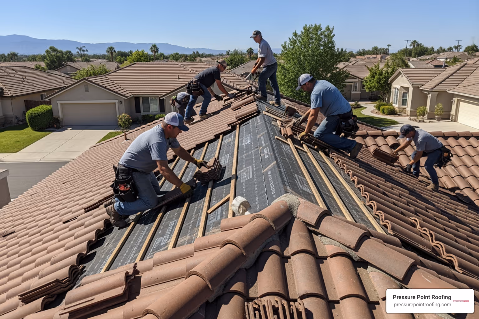 Infographic showing the main cost factors for roof retiling: roof size and square footage, tile material type (concrete, clay, terracotta, slate), labor and installation complexity, old roof removal and disposal, structural reinforcement needs, underlayment replacement, permits and inspections, and geographic location - roof retile cost
