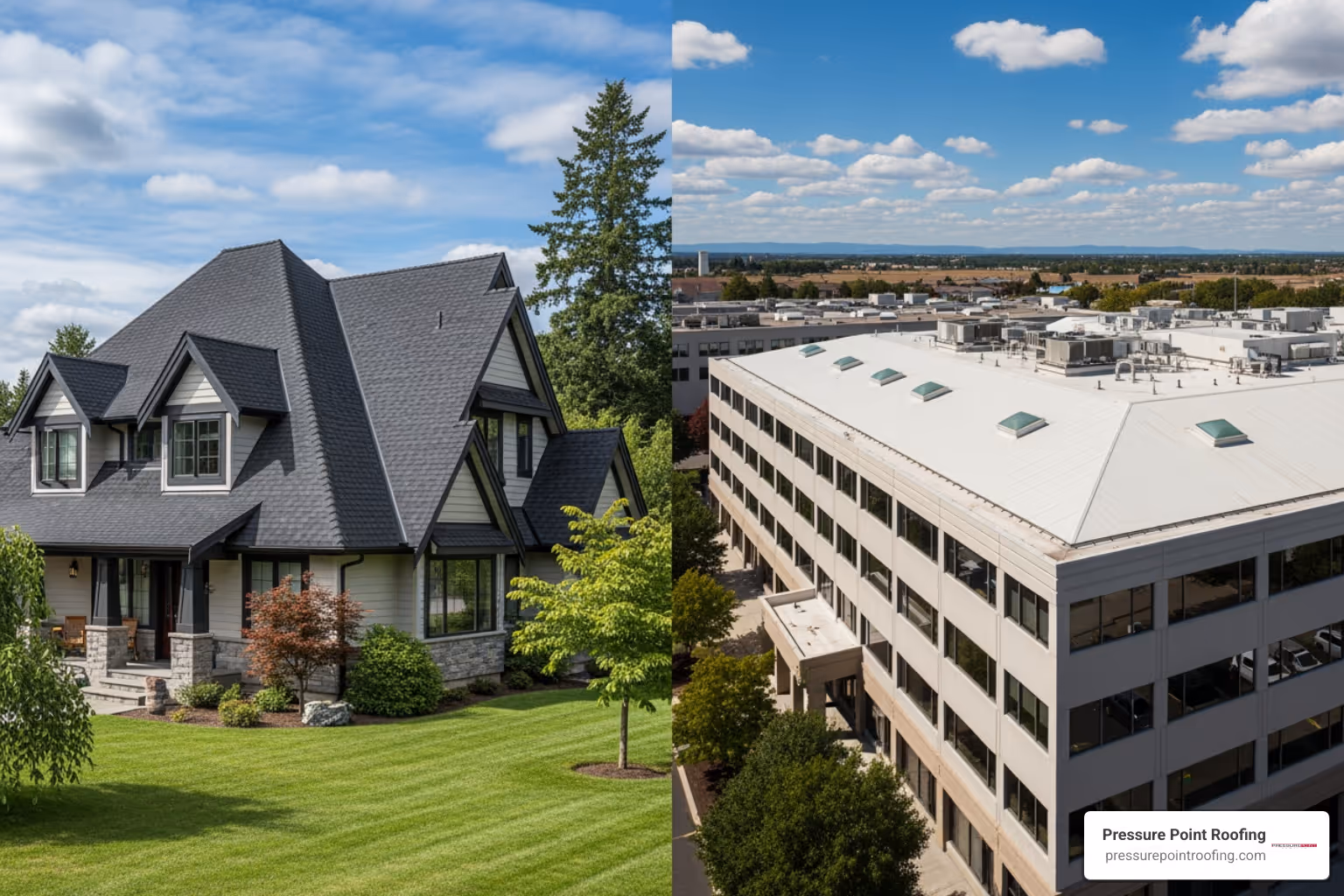 Infographic showing residential vs commercial roofing comparison: residential features pitched roofs with shingles or metal, focus on aesthetics and home protection, typical materials include composition and metal; commercial features flat or low-slope roofs with membrane systems, focus on durability and business continuity, typical materials include TPO, EPDM, and PVC; both require regular maintenance and professional installation - residential commercial roofing in central point, or