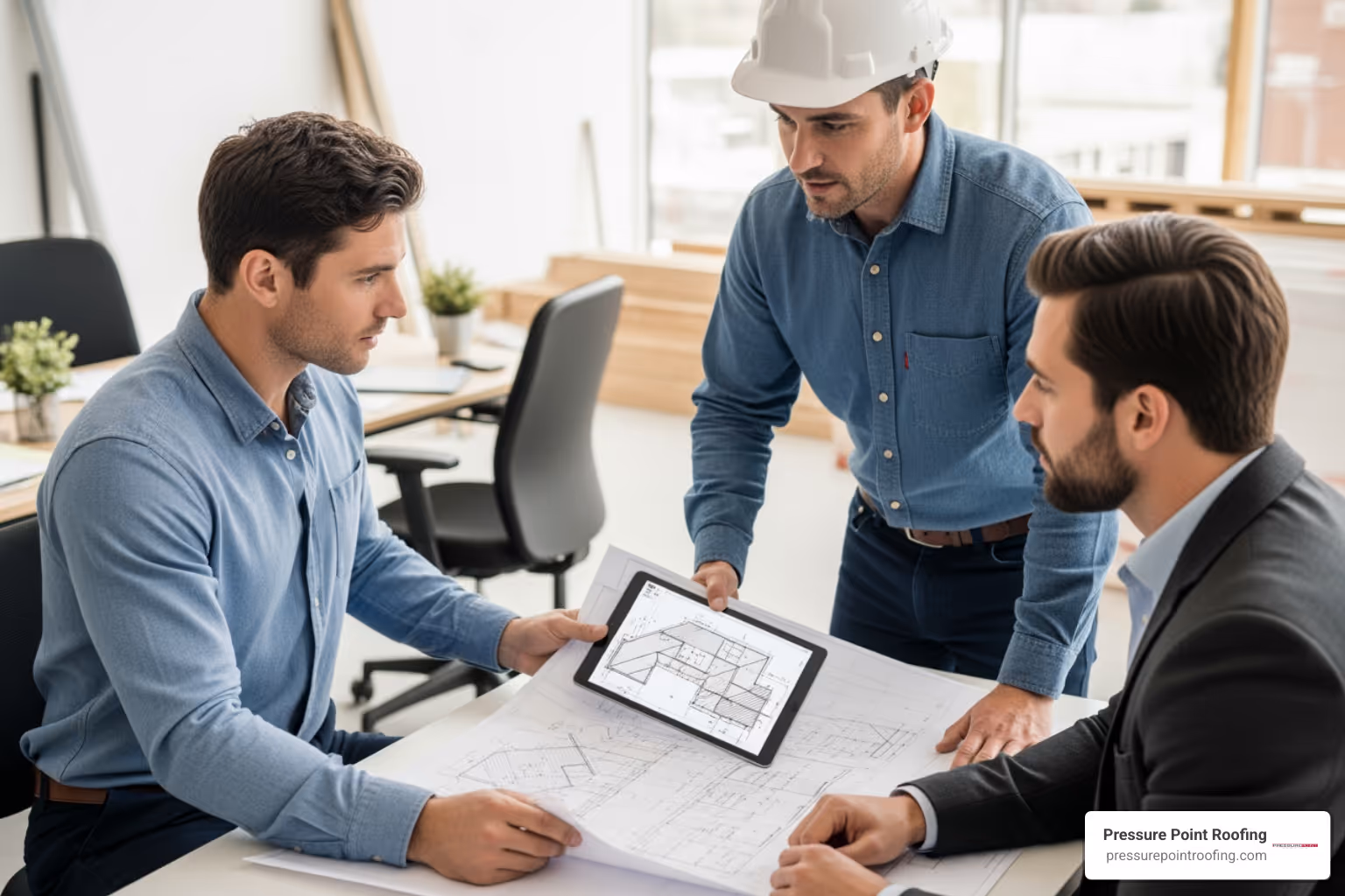 contractor showing a business owner a roofing plan - commercial roofing in brookings, or