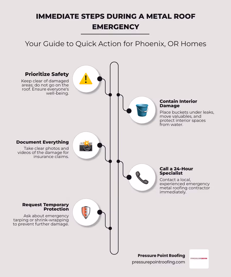 Infographic showing emergency metal roof repair process: Step 1 - Secure the area and document damage with photos, Step 2 - Contact 24-hour metal roofing specialist immediately, Step 3 - Emergency team arrives for assessment, Step 4 - Temporary protection applied (tarping or shrink wrap), Step 5 - Permanent repairs scheduled and completed, Step 6 - Final inspection and warranty documentation - 24 hour metal roofing in phoenix, or infographic infographic-line-5-steps-elegant_beige