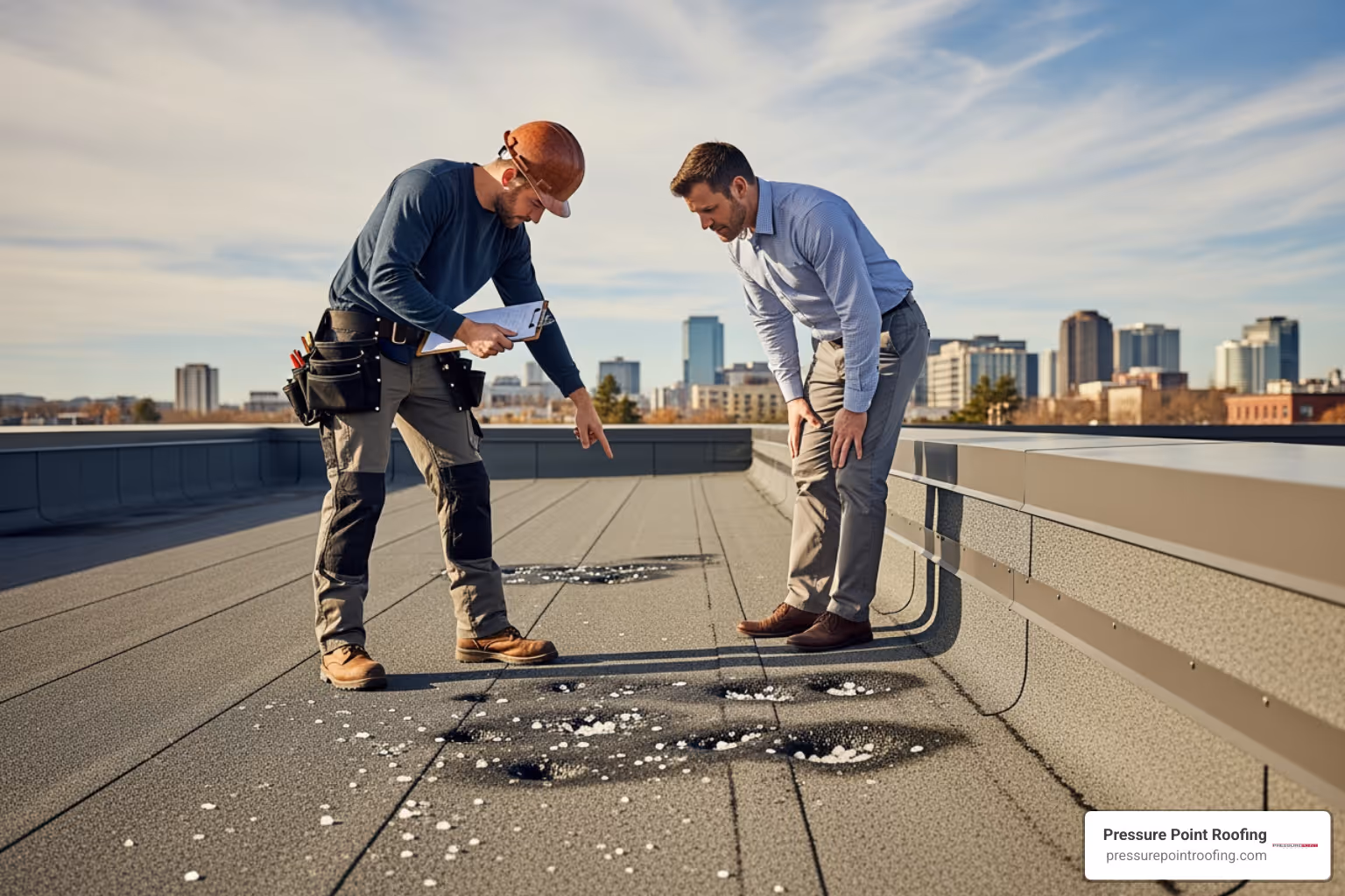 professional roofer pointing out damage on a flat commercial roof to a property manager - commercial roofing hail damage in eagle point or