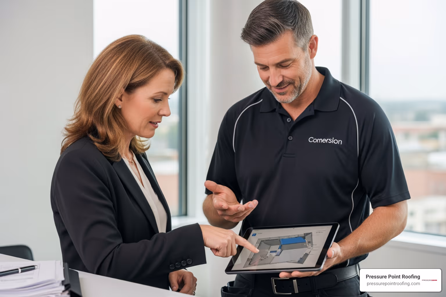 a friendly contractor discussing a project plan with a business owner - commercial roofing company in eagle point, or