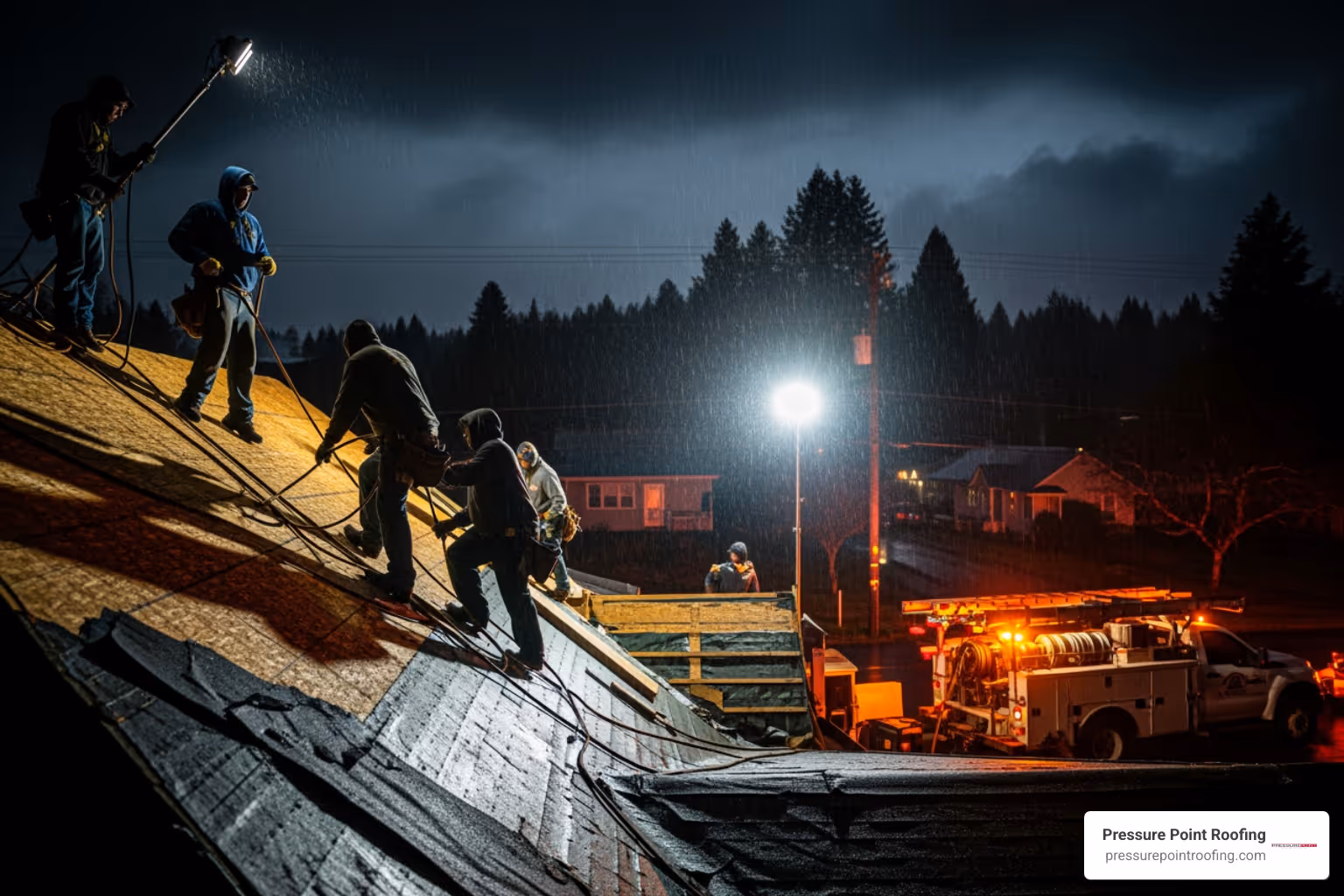 Infographic explaining the top 5 signs of a roof emergency: visible water entry or active leaks, missing or severely damaged shingles, sagging or drooping sections of the roof deck, ceiling stains or bubbling paint inside the home, and punctures or holes from fallen debris or tree branches - 24 hour roof repair in eagle point, or