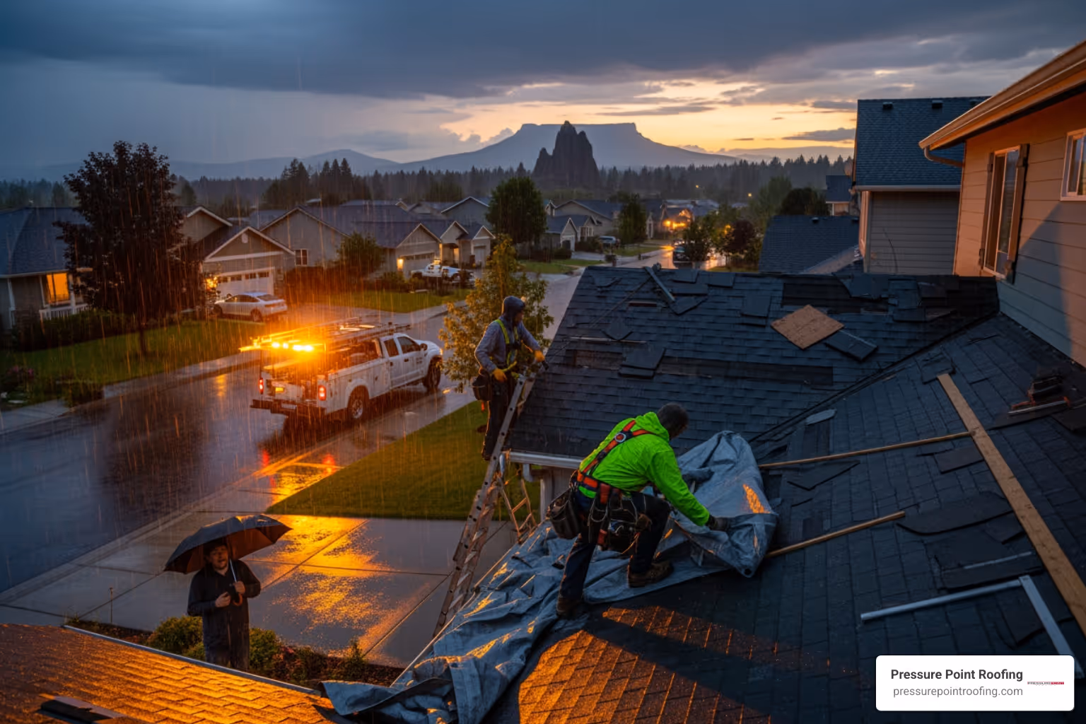 infographic showing three emergency steps: Safety First with caution symbol, Damage Control with bucket icon, Professional Help with phone and roofer icons - emergency residential roofing repairs in medford, or