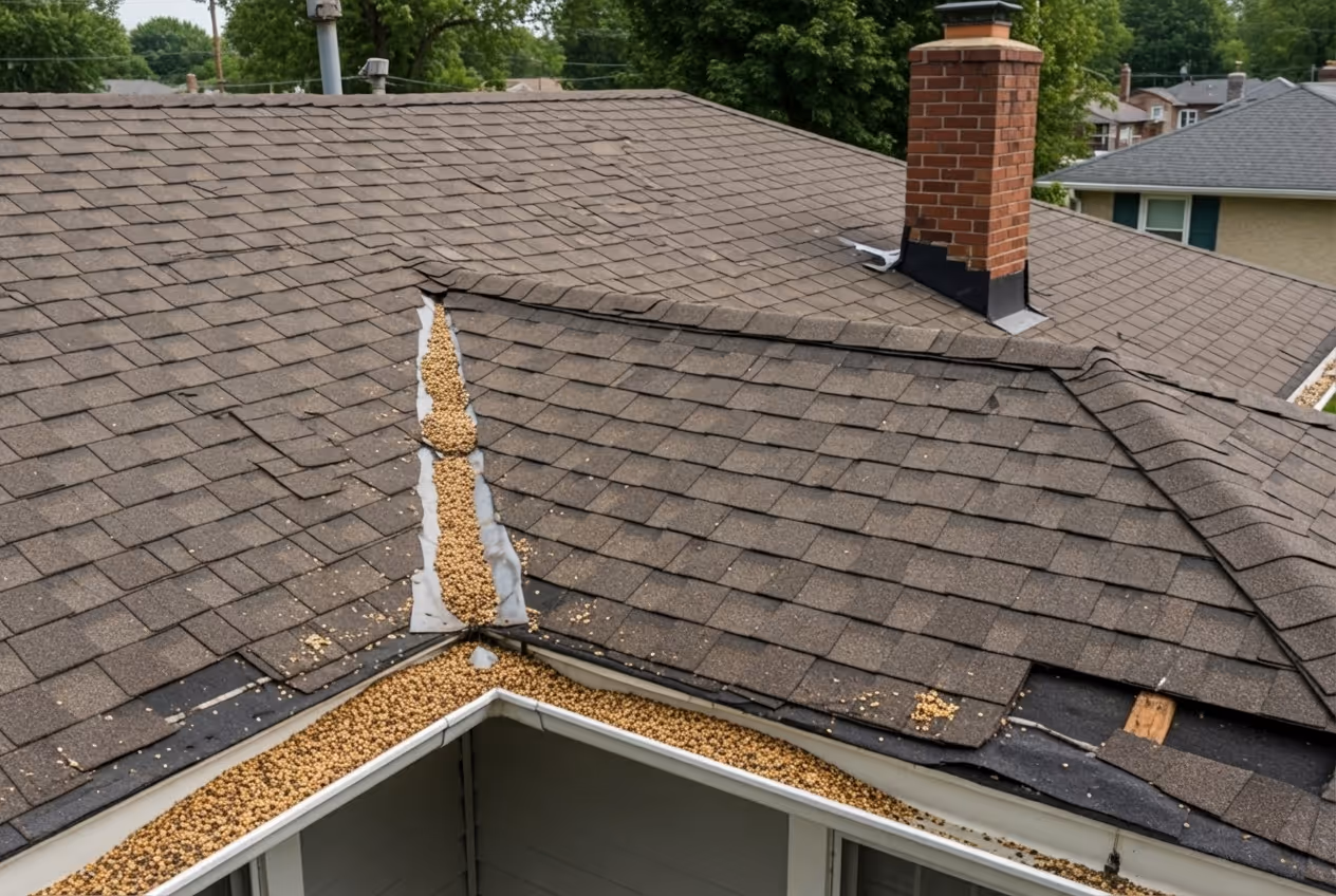 Infographic showing the top 5 warning signs that a Grants Pass roof needs immediate repair: water stains on ceilings or walls, missing or damaged shingles, granules collecting in gutters, visible sagging or bowing in the roof deck, and damaged or missing flashing around chimneys and skylights, with a note that Grants Pass receives 39 inches of rain annually making prompt repairs essential - residential roofing repairs in grants pass, or