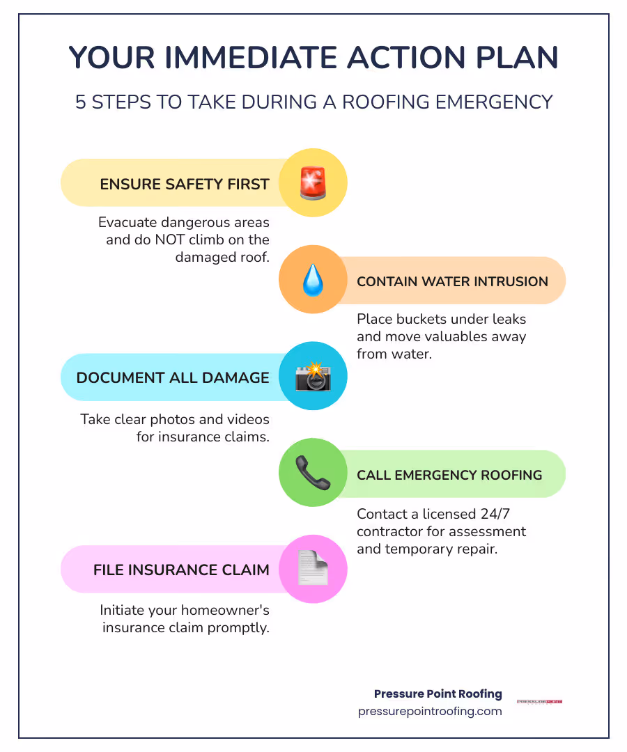 infographic showing 5 emergency roof repair steps: 1. Ensure safety and evacuate dangerous areas 2. Contain water with buckets and tarps 3. Document all damage with photos 4. Contact emergency roofing service immediately 5. File insurance claim while waiting for repairs - 24 hour roof repair in central point, or infographic infographic-line-5-steps-colors