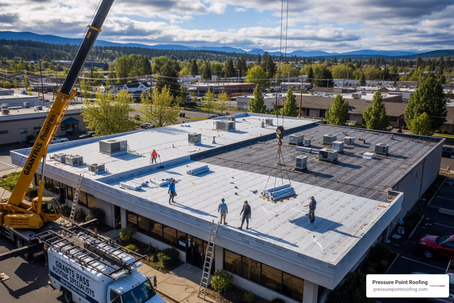 A collage of different commercial roofing materials including TPO, Metal, and Modified Bitumen samples - commercial roofing installation near me in grants pass or