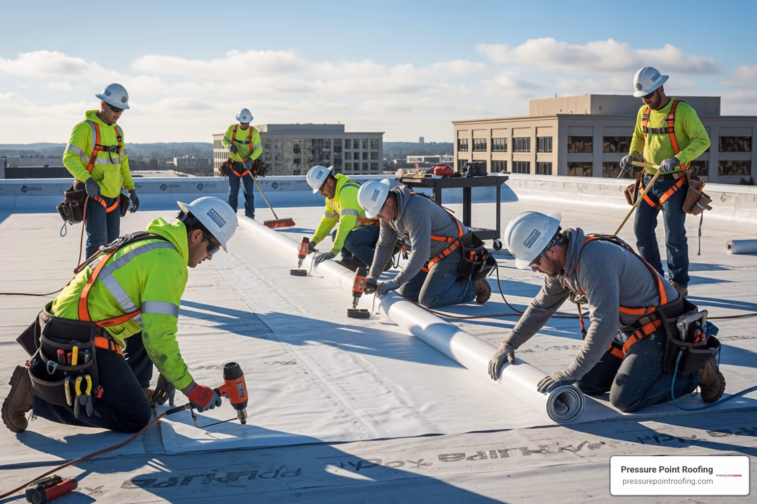 A professional roofing crew working safely on a commercial building roof, installing new membrane - commercial roofing installation near me in grants pass or