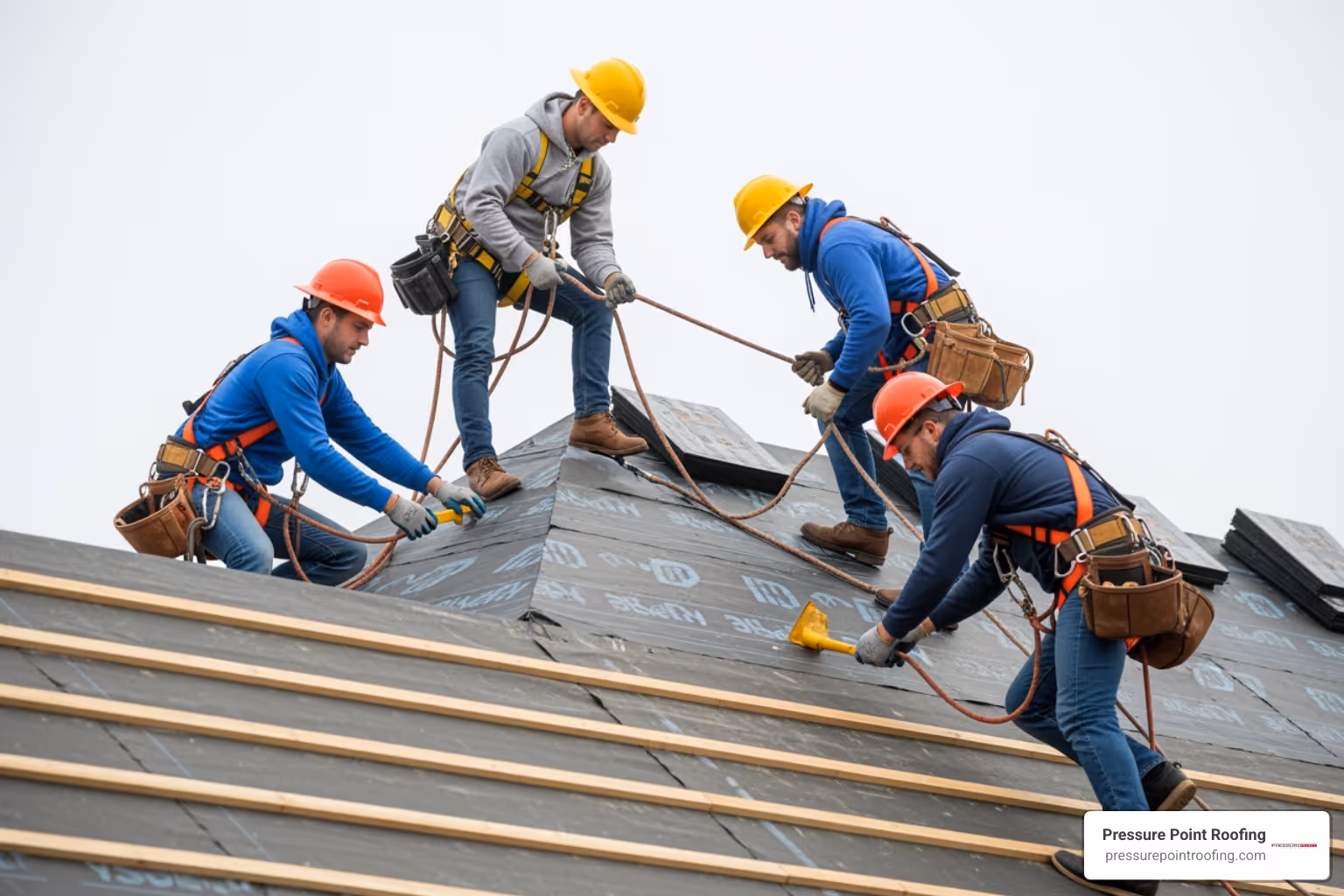 professional roofing crew working safely on a residential roof - residential roofing installation in central point or