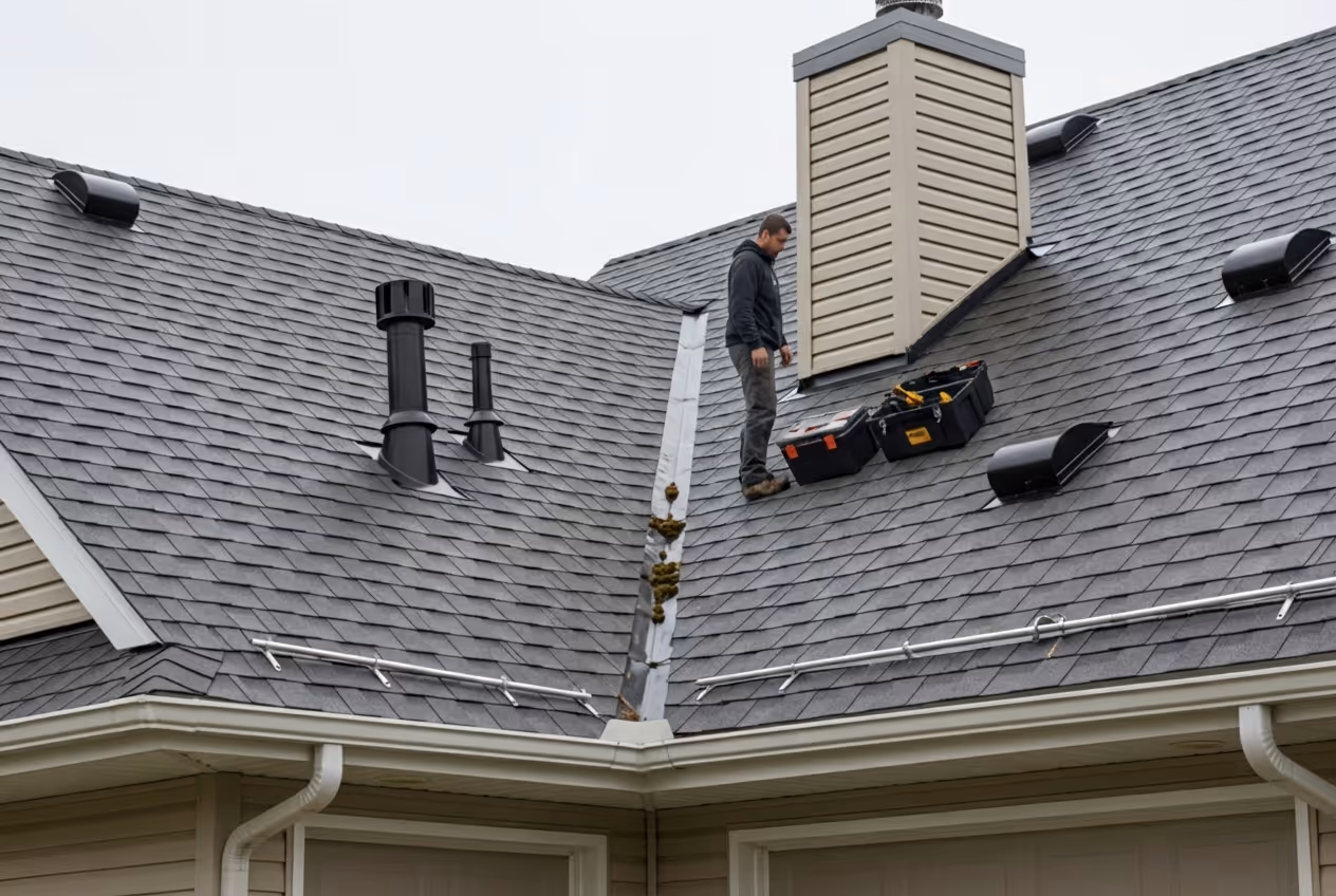 Infographic showing essential roof maintenance components including shingles with UV protection and fire rating, properly sealed flashing around chimneys and vents, clean gutters and downspouts for water diversion, adequate attic ventilation to prevent heat and moisture buildup, moss-free surfaces, and intact sealants around penetrations - roof maintenance medford oregon