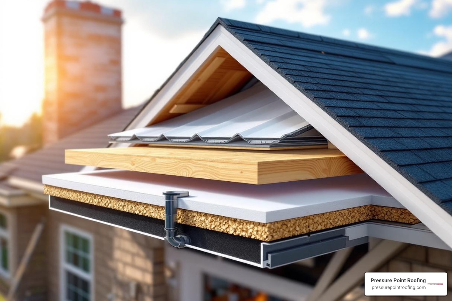 Infographic detailing key components of a complete new construction roofing system including decking, underlayment, material, ventilation, and flashing - roofing new construction in eagle point, or