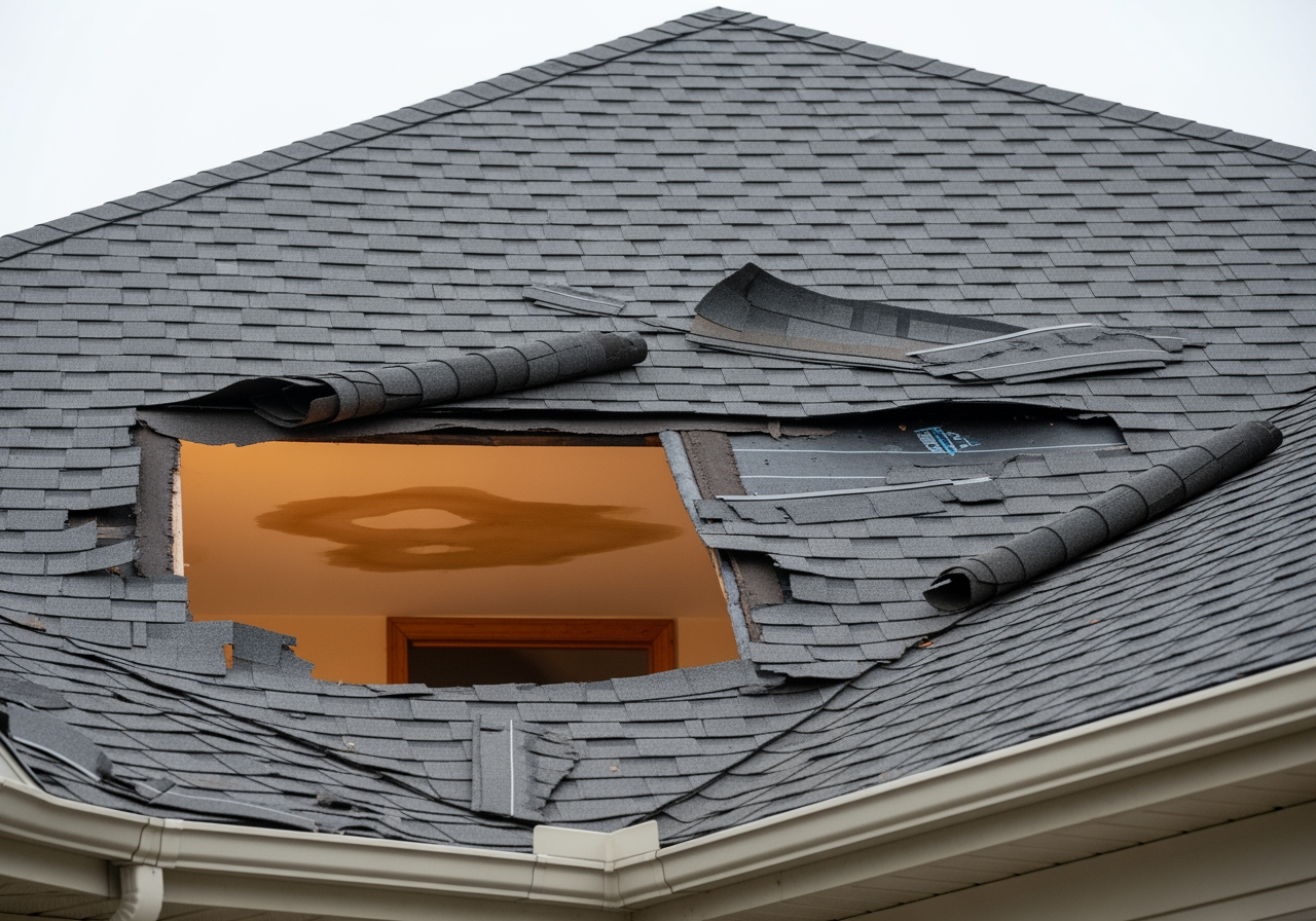 infographic showing common signs of roof damage including water stains on ceilings, missing or damaged shingles, dripping water during rain, mold growth in attic spaces, sagging ceiling or roofline, daylight visible through attic, and musty odors indoors - residential roofing repairs in central point, or