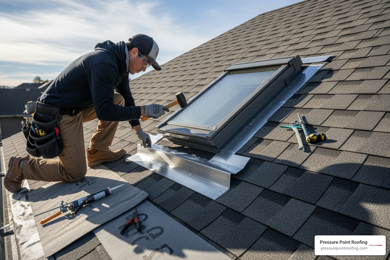 A professional roofer installing flashing around a newly installed skylight. - residential skylight installation in medford or