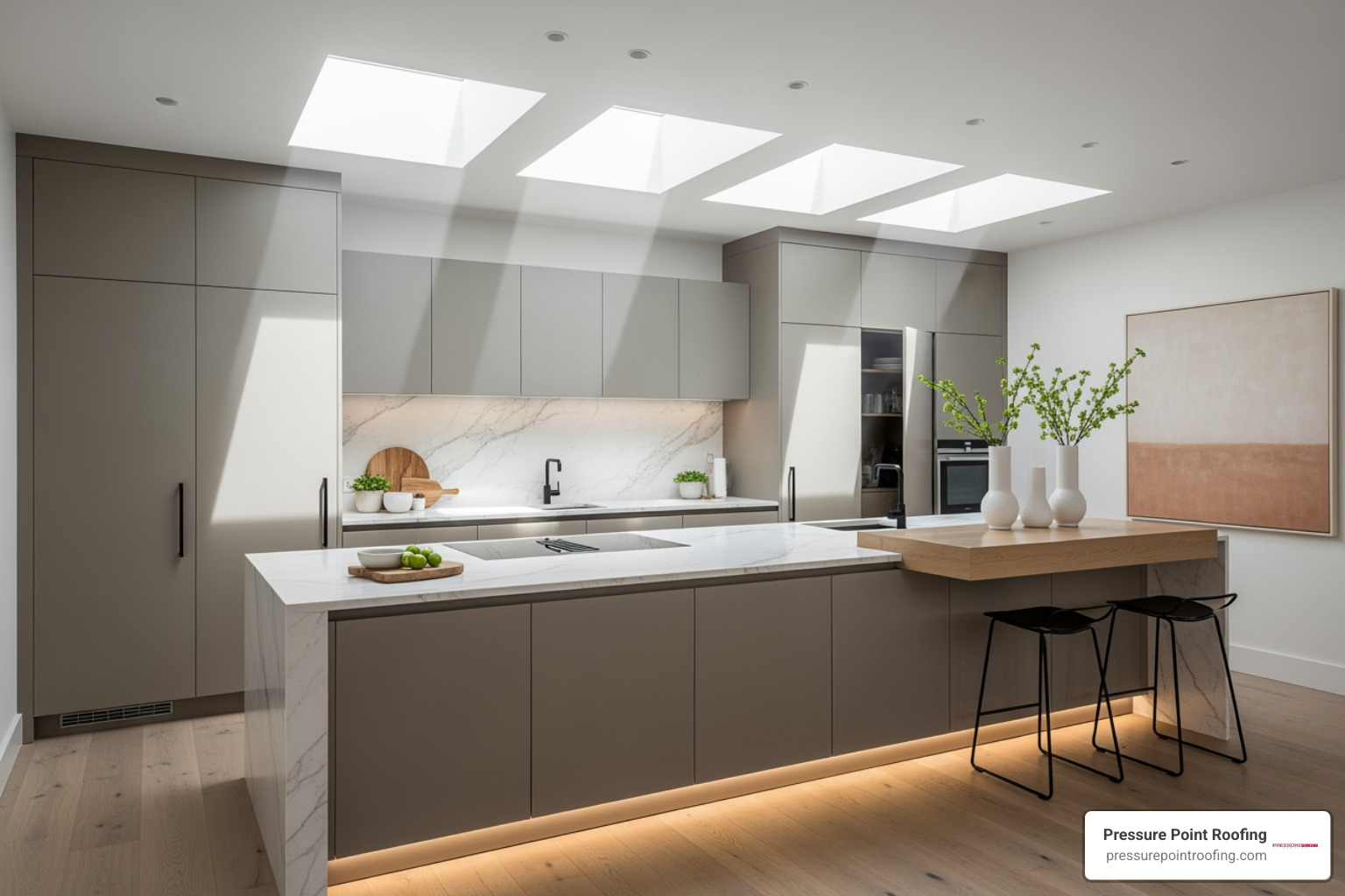 A stylish kitchen with multiple skylights illuminating the space. - residential skylight installation in medford or