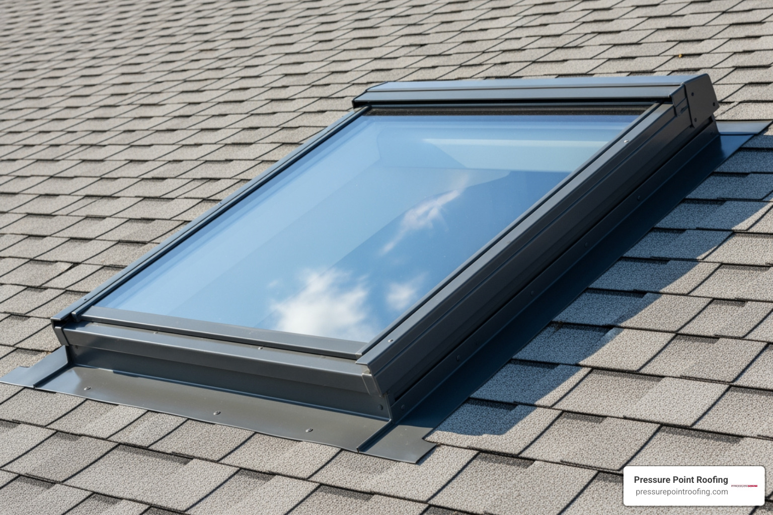 A clean, well-maintained skylight from the exterior, showing clear glass and intact flashing. - residential skylight installation in medford or