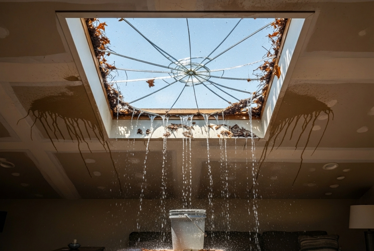 infographic showing emergency skylight warning signs including active water dripping, visible ceiling stains, cracked or shattered glass, sagging drywall, musty odors, and debris impact damage, with immediate action steps to secure the area, contain water, document damage, and call a professional - emergency skylight in medford, or infographic showing emergency skylight warning signs including active water dripping, visible ceiling stains, cracked or shattered glass, sagging drywall, musty odors, and debris impact damage, with immediate action steps to secure the area, contain water, document damage, and call a professional - emergency skylight in medford, or