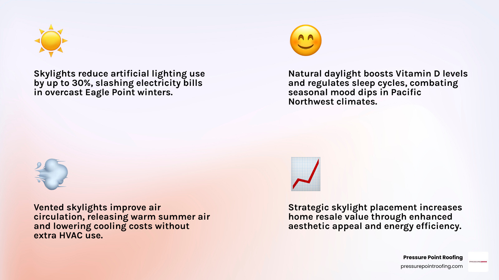 infographic showing skylight benefits including 30 percent energy savings from reduced artificial lighting, improved mood and Vitamin D from natural light, better air circulation with vented models, and increased home value through aesthetic appeal and energy efficiency - home skylight in eagle point, or infographic 4_facts_emoji_light-gradient