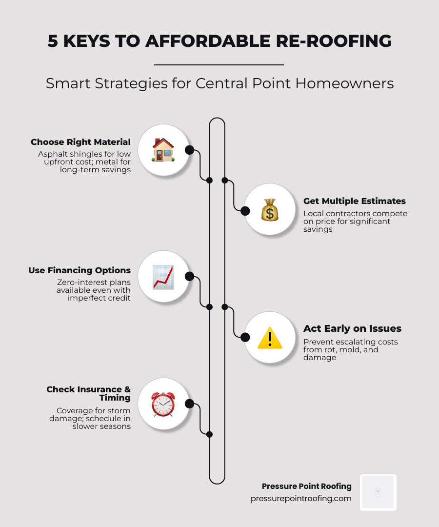 Infographic showing key steps and benefits of affordable re-roofing in Central Point OR - affordable re-roofing in central