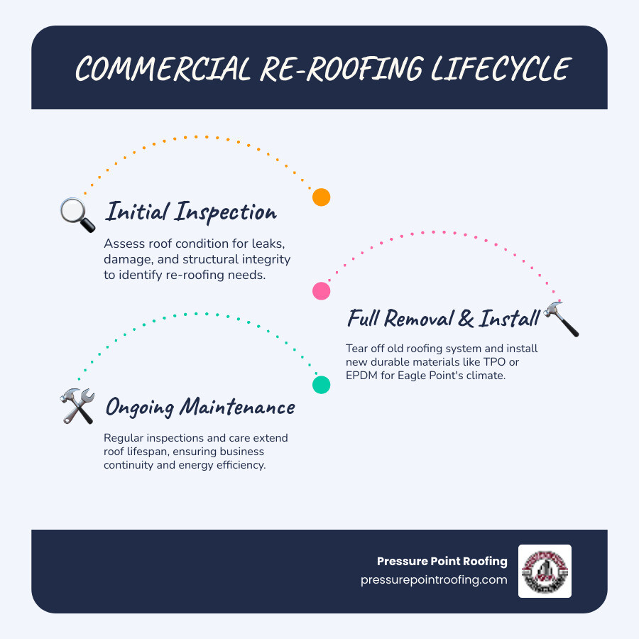 Infographic showing the commercial re-roofing lifecycle from inspection to installation to maintenance - commercial