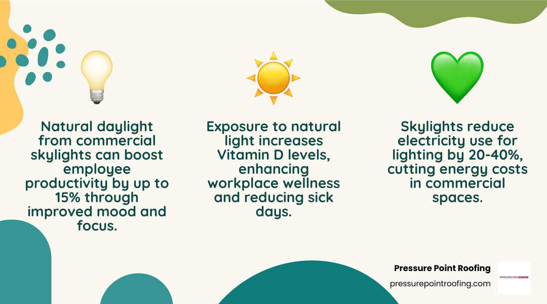 Infographic showing key benefits of commercial daylighting including energy savings, employee wellness, and natural light in Infographic showing key benefits of commercial daylighting including energy savings, employee wellness, and natural light in