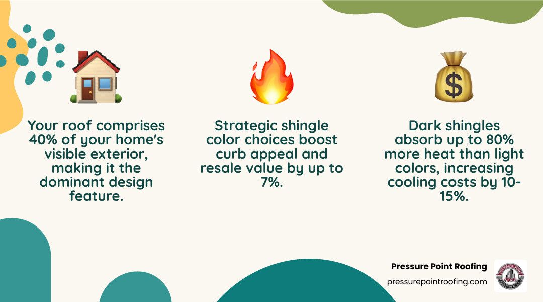Infographic showing how asphalt shingle color and style options impact home value, energy efficiency, and curb appeal