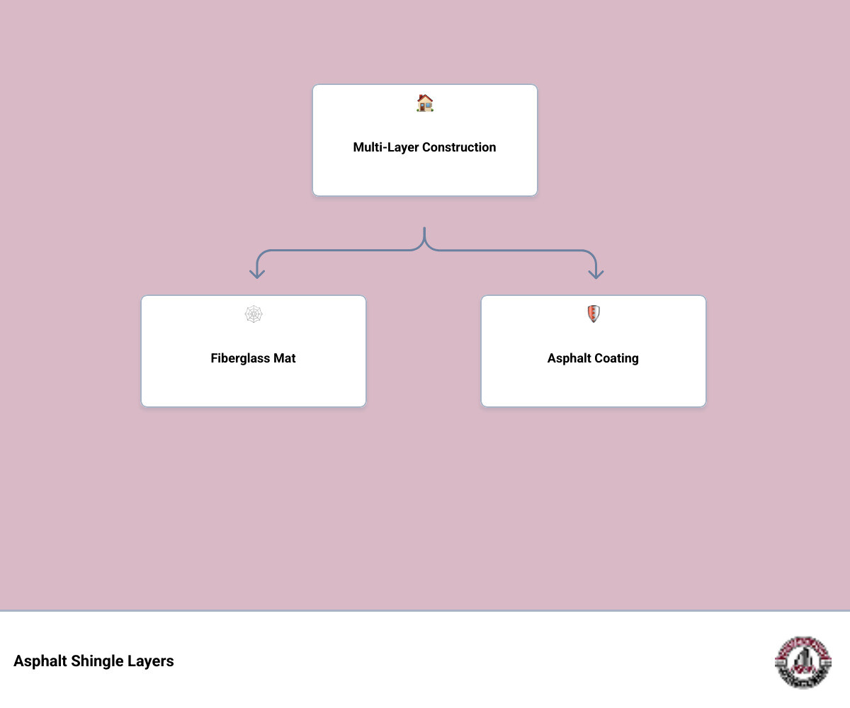 Multi-layered construction diagram of modern asphalt shingles showing fiberglass mat, asphalt coating, and ceramic granules Multi-layered construction diagram of modern asphalt shingles showing fiberglass mat, asphalt coating, and ceramic granules