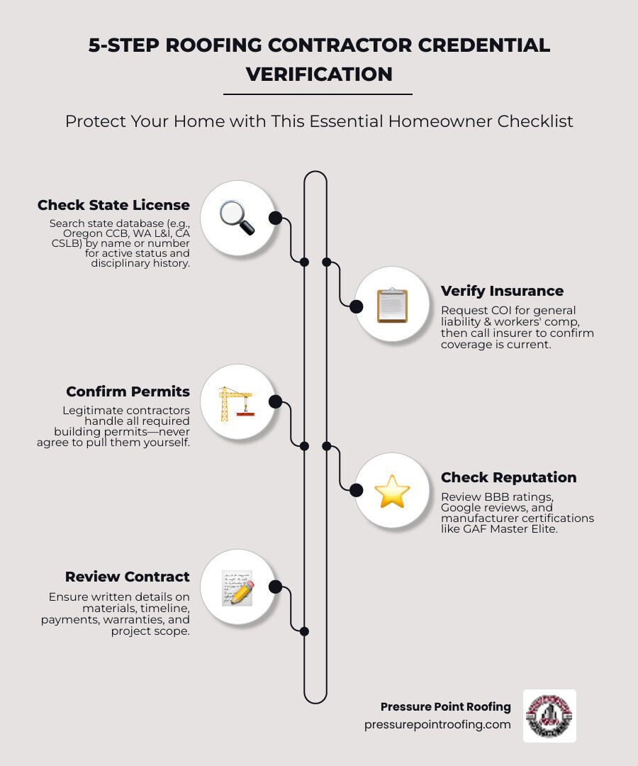 5-step roofing contractor credential verification workflow infographic for homeowners - how to verify roofing contractor 5-step roofing contractor credential verification workflow infographic for homeowners - how to verify roofing contractor