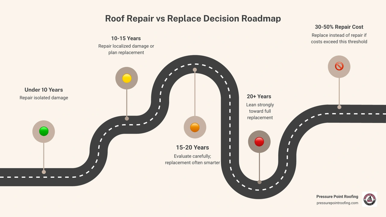 Repair vs Replace decision matrix infographic showing roof age thresholds, damage percentage guidelines, and cost rules Repair vs Replace decision matrix infographic showing roof age thresholds, damage percentage guidelines, and cost rules