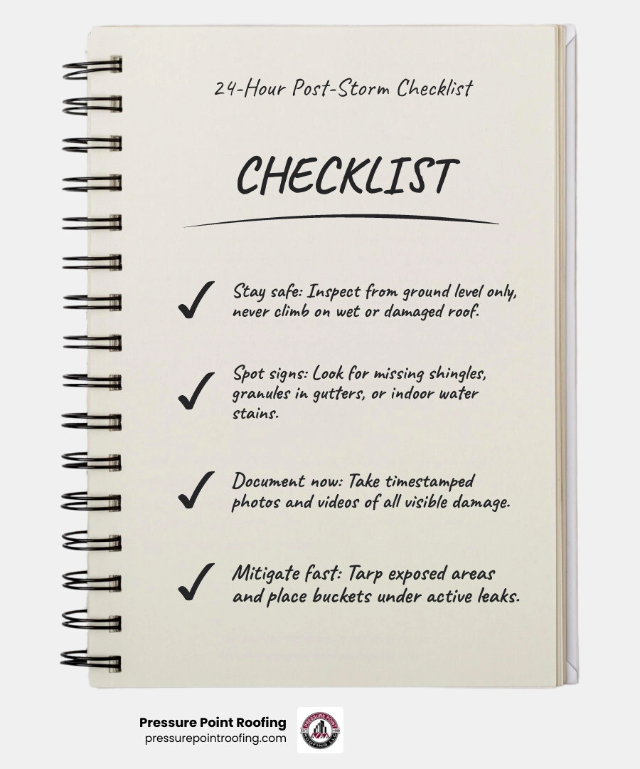 Infographic showing a 24-hour post-storm roof recovery checklist for homeowners - storm damage roof repair what homeowners Infographic showing a 24-hour post-storm roof recovery checklist for homeowners - storm damage roof repair what homeowners