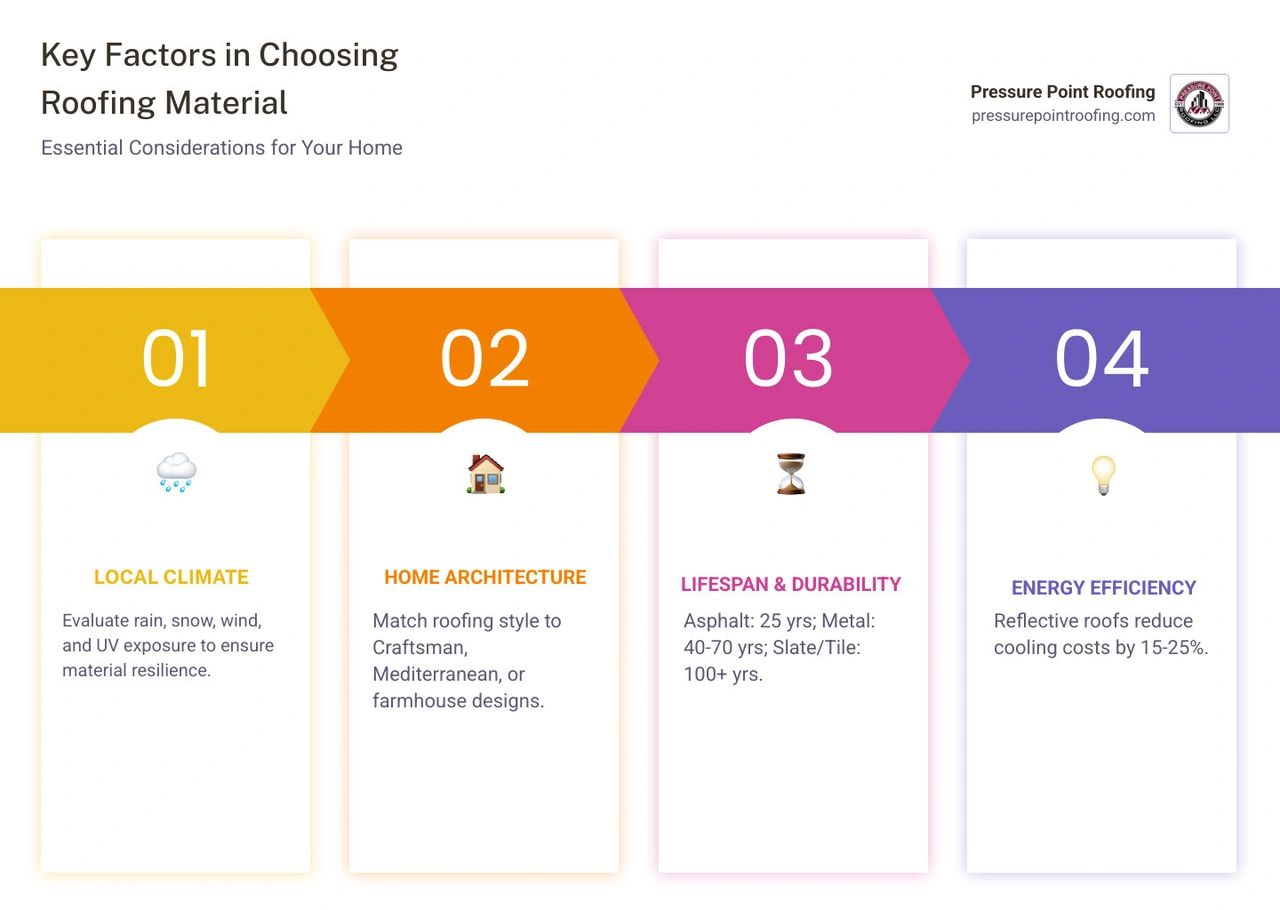 Infographic showing 6 key steps to choose the right roofing material including climate durability maintenance energy Infographic showing 6 key steps to choose the right roofing material including climate durability maintenance energy
