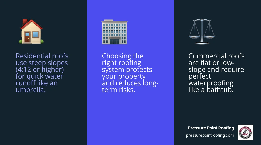 Infographic comparing commercial vs residential roofing across design, materials, maintenance, safety, and warranties