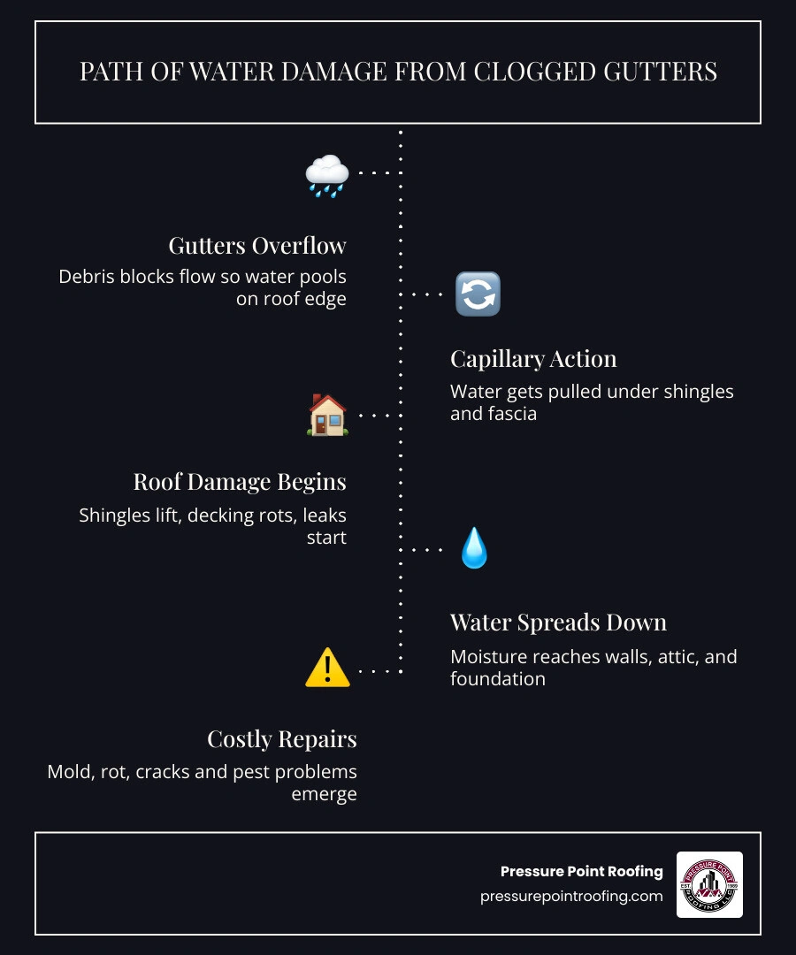 Infographic showing path of water damage from clogged gutters: roof to shingles to fascia to foundation infographic Infographic showing path of water damage from clogged gutters: roof to shingles to fascia to foundation infographic