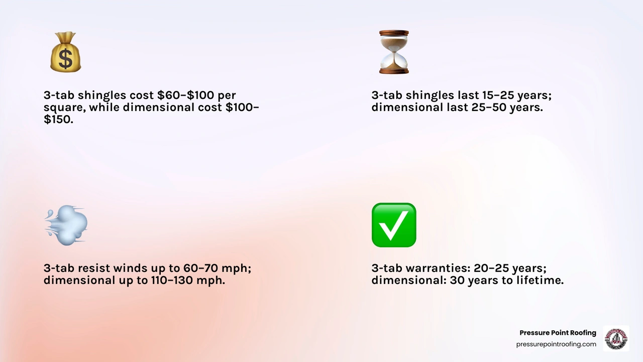 Infographic comparing 3-tab vs dimensional shingles: cost, lifespan, wind rating, and warranty side by side - three tab vs Infographic comparing 3-tab vs dimensional shingles: cost, lifespan, wind rating, and warranty side by side - three tab vs