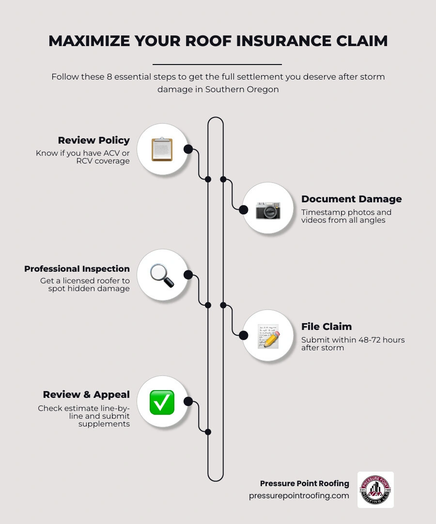 8-step roof insurance claim process infographic from documentation to final payout infographic