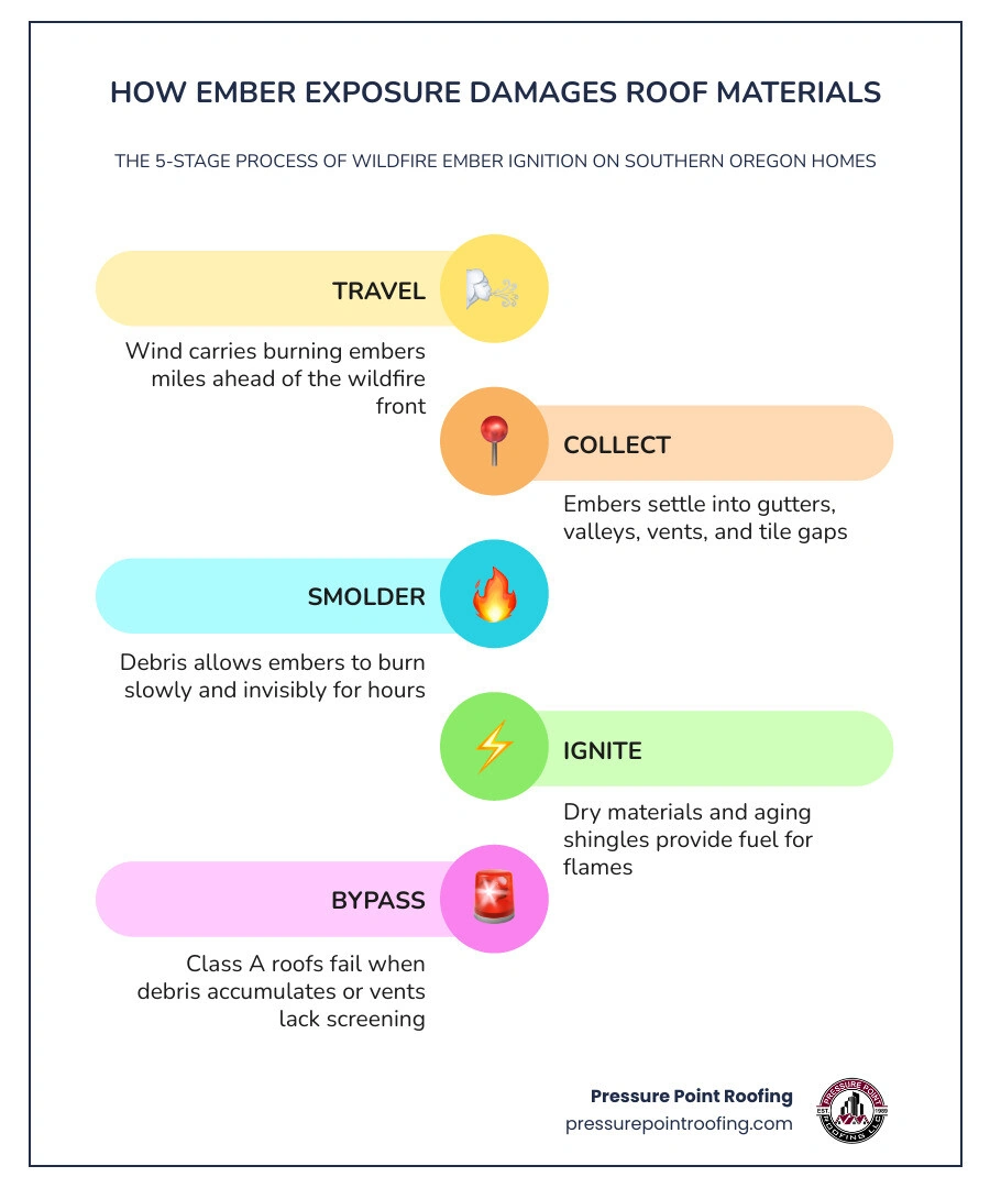 Infographic showing how embers travel from wildfire source, land on roofs, collect in gutters and vents, and cause ignition