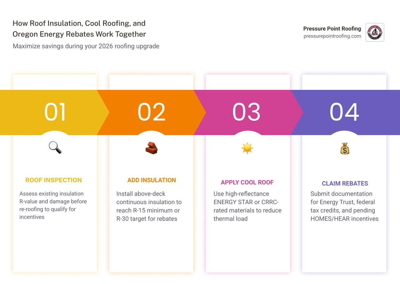 Infographic showing how roof insulation, cool roofing materials, and Oregon energy rebates work together to reduce costs