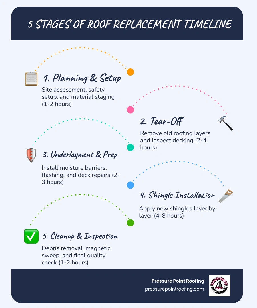 Infographic showing 5 stages of roof replacement timeline with estimated durations per stage infographic