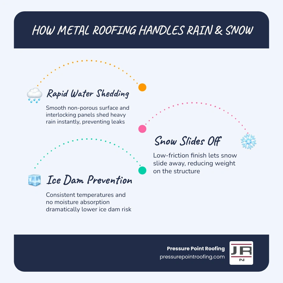 Infographic showing rain and snow runoff on metal roof panels including weathertightness and ice dam prevention infographic Infographic showing rain and snow runoff on metal roof panels including weathertightness and ice dam prevention infographic