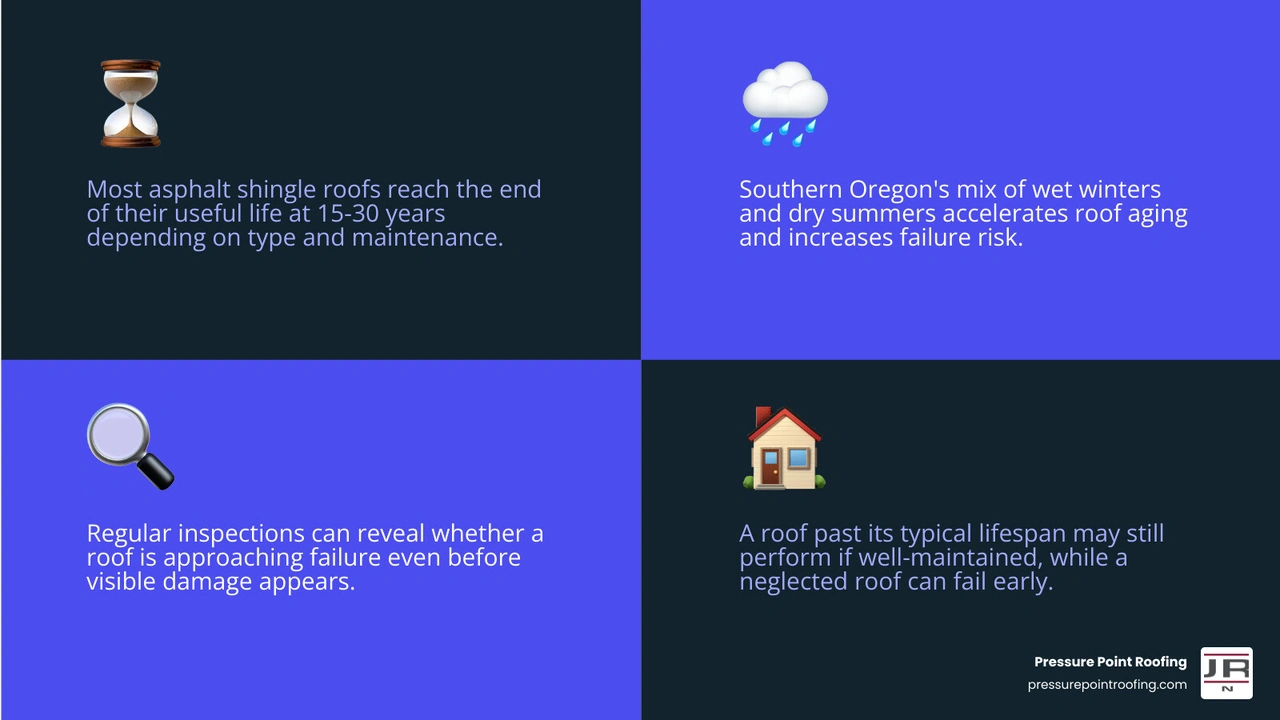 Infographic showing roofing material lifespans and key age thresholds when a roof becomes too old for insurance or safe use
