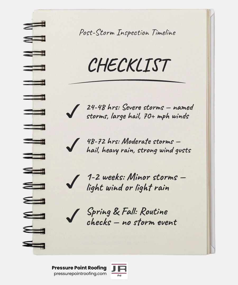 Post-storm roof inspection timeline infographic showing urgency levels from 24 hours to seasonal checks infographic Post-storm roof inspection timeline infographic showing urgency levels from 24 hours to seasonal checks infographic
